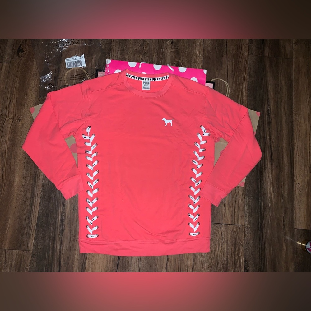 NEW VS PINK Size SMALL Side Lace Campus Crew in Neon Coral.